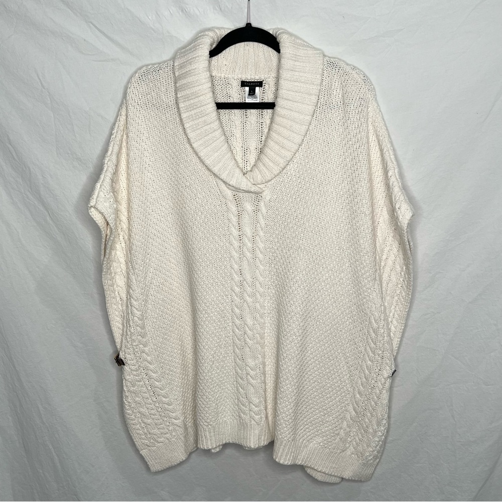 Talbots Poncho Sweater Women's Sz Large Ivory Cable Knit Buckles Cape Equestrian